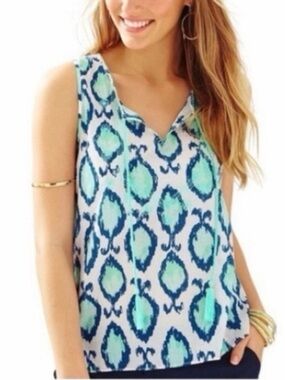 Lilly Pulitzer Blue and Aqua Lauren Hook You In Sleeveless Blouse with Tassels M